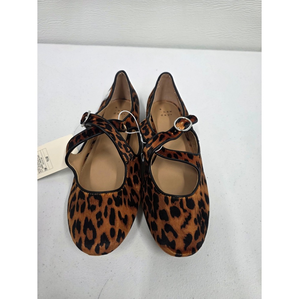 A New Day Womens Leopard Print Mary Jane Flats Double Strap Brown Tan 8.5